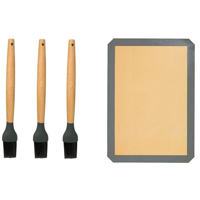 1 alfombrilla de silicona reutilizable para hornear, de protección del medio ambiente, color gris, 30 x 20 cm, y 3 pinceles de silicona para untar, 9,4 pulgadas