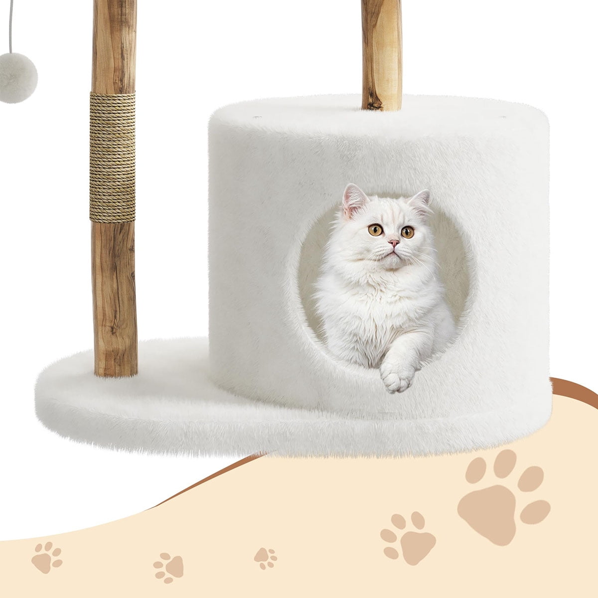 Ataucjin 43" Modern Natural Wood Cat Tree for Cats Aesthetic Cat Tower with Large Basket, Scratching Posts and Real Branch Design, White Luxury Cats Tree
