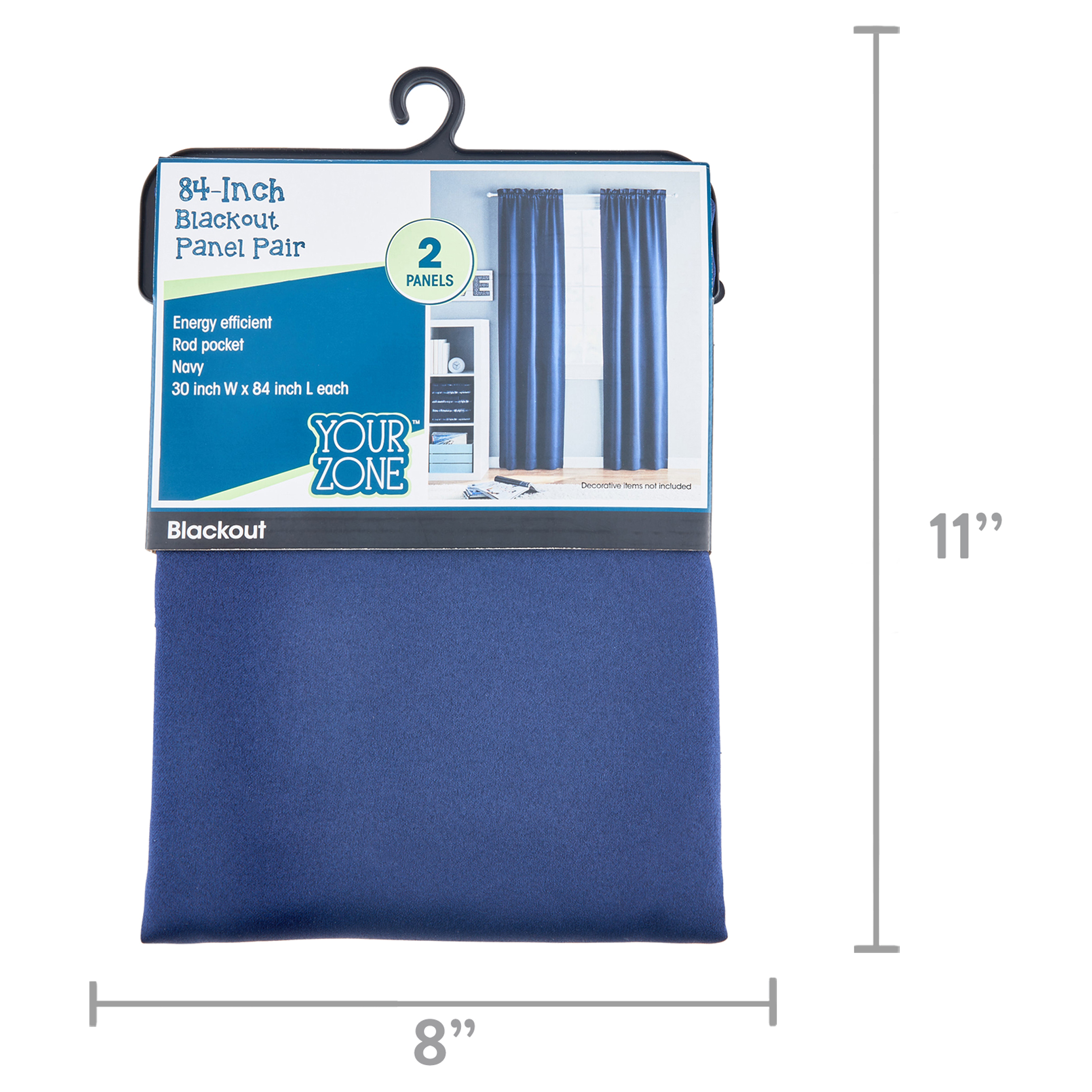 Your Zone Solid Blackout Rod Pocket Curtain Panel Pair, Navy, 30" W x 84" L