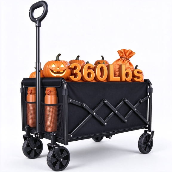 Kovryx Heavy Duty Collapsible Utility Wagon, 360 lbs Capacity, All Terrain, Adjustable Handle, Foldable Cart for Halloween,Camping, Shopping, Outdoor, Garden