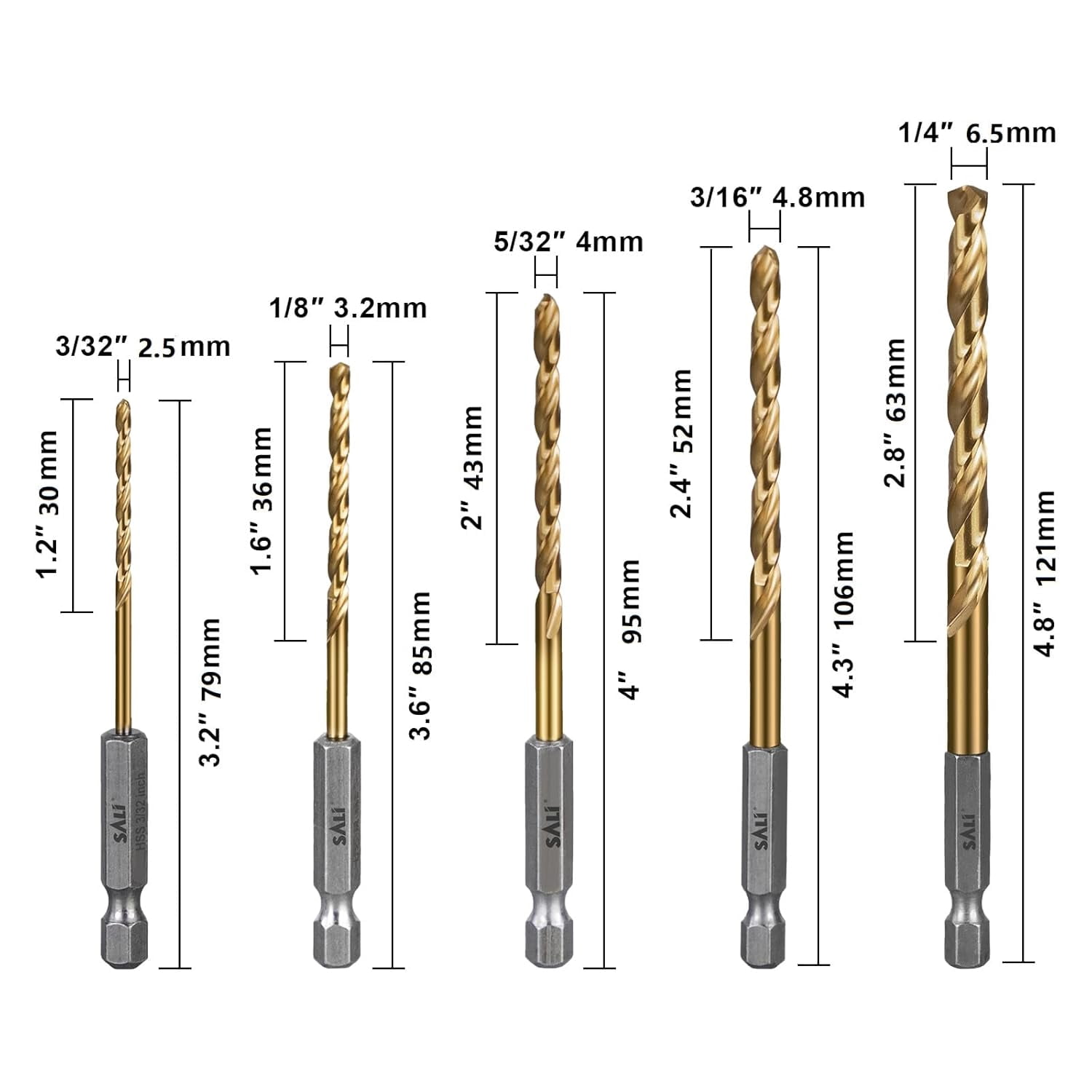 FRKSMD-Cobalt Drill Bit Set, 5 Pack 3/32 Inch to 1/4 Inch Hex Shank High Speed Steel Jobber Drill Bits, for Hardwood, Aluminum,Metal,Copper,Alloyed Steel