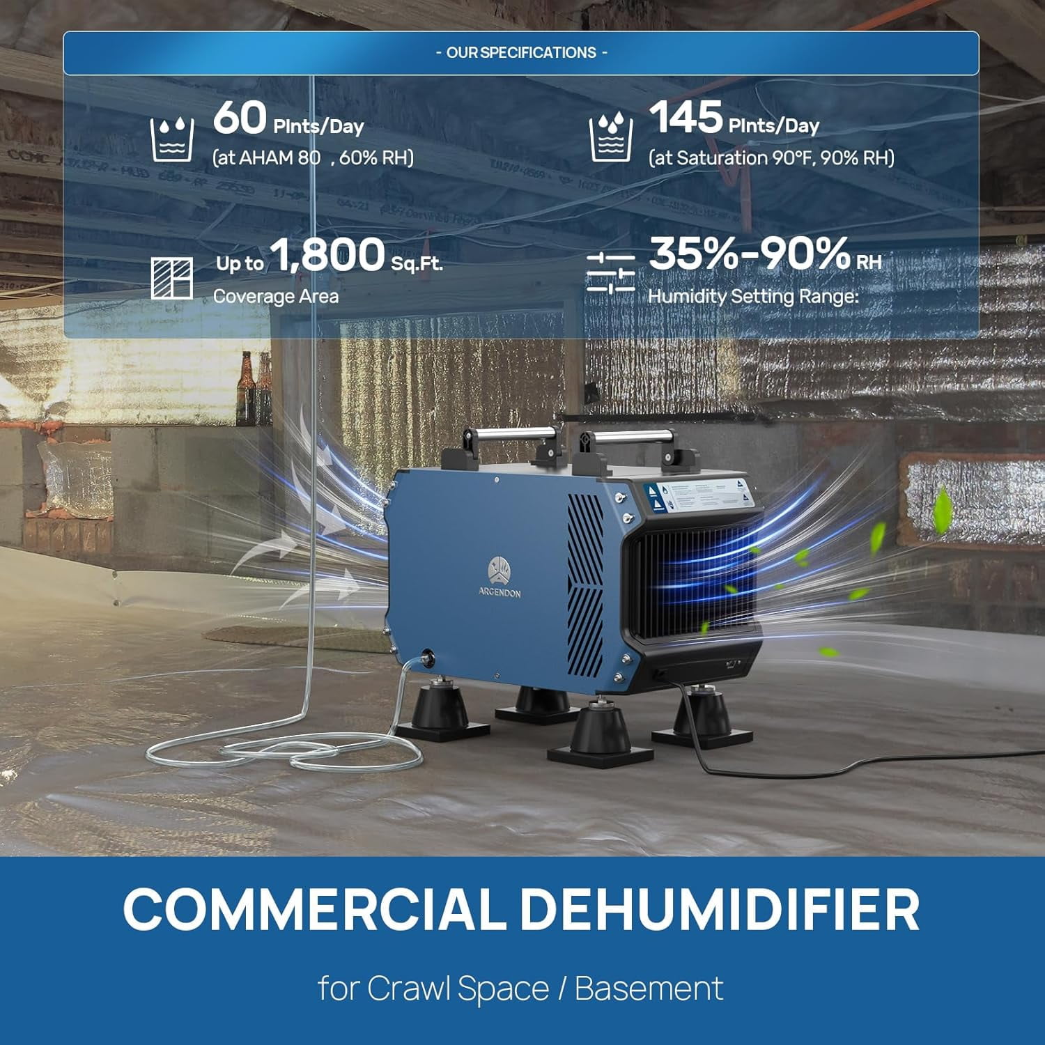 ARGENDON 145 Pint Crawl Spaces Dehumidifier with Pump,  Certified Commercial Dehumidifiers with Drain Hose for Basement, Auto Defrost, Compact,  up to 1800 Sq.Ft
