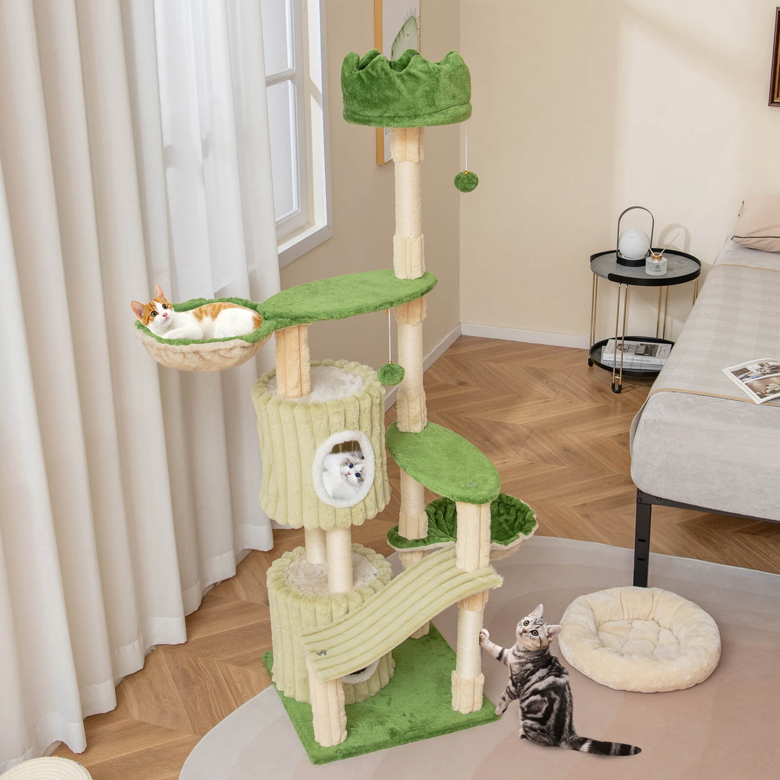 Infans 63" Tall Cat Tree w/ 2 Condos Plush Padded Top Perch 2 Hammocks 2 Dangling Balls
