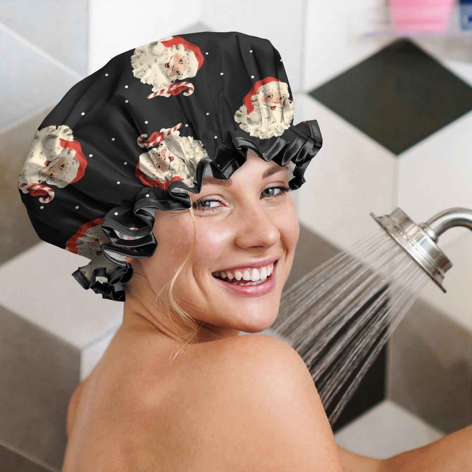 Shower Caps,Black Christmas Santa Pattern Waterproof Shower Cap for Women 4 Pieces,Double Reusable Hair Cover for Shower PEVA Elastic Stretch Hem