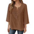 thumbnail image 2 of 3/4 Length Sleeve Womens Tops 2026 Spring Summer Cotton Linen V Neck Lace Oversized Boho T Shirts Blouse, 2 of 6