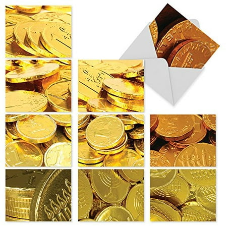 'M6007 GOING FOR THE GELT' 10 Assorted All Occasions Notecards Feature Golden Chocolate Coins for Hanukkah with Envelopes by The Best Card