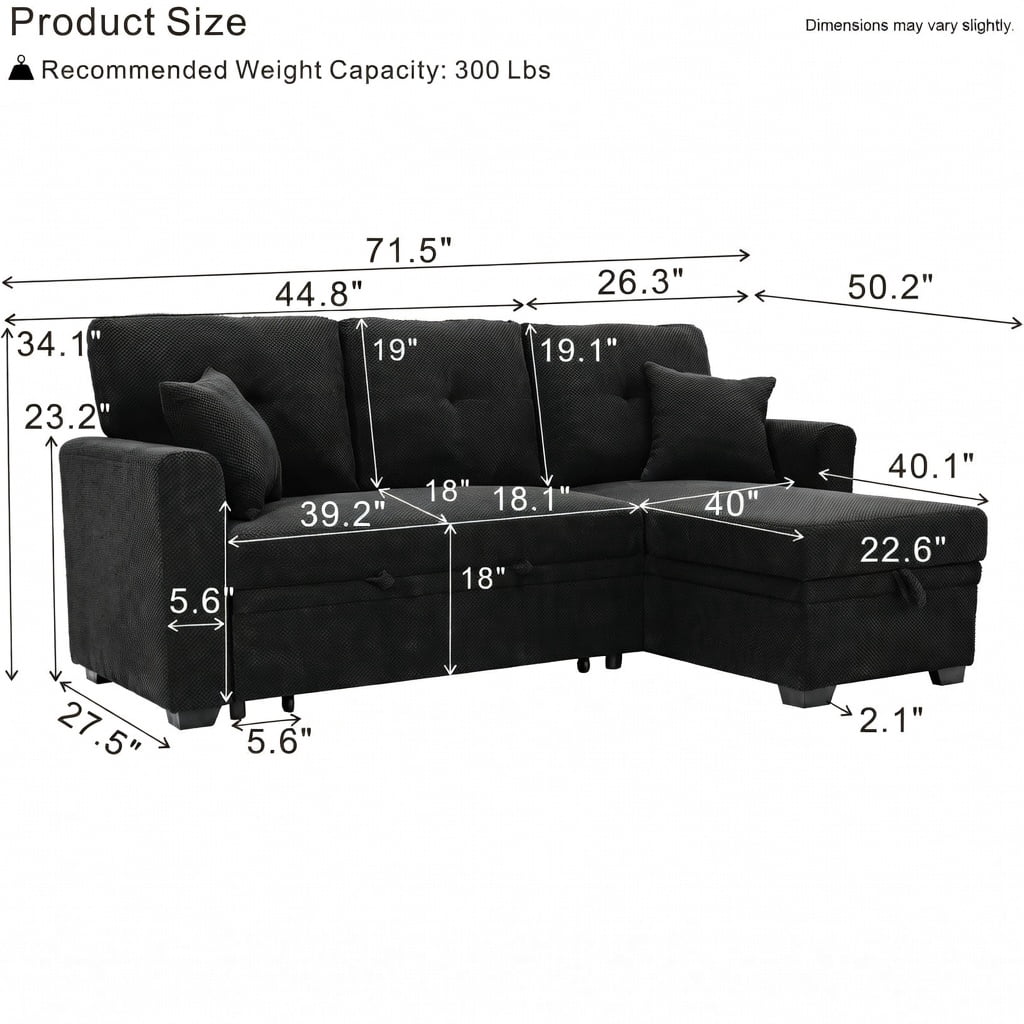 Hommoo Mid-Century Modern Sleeper Sectional Sofa, L-Shaped Convertible Sofa Bed with Reversible Chaise, Hidden Storage & Pull-Out Mattress, Small Space Living Room Furniture, Black
