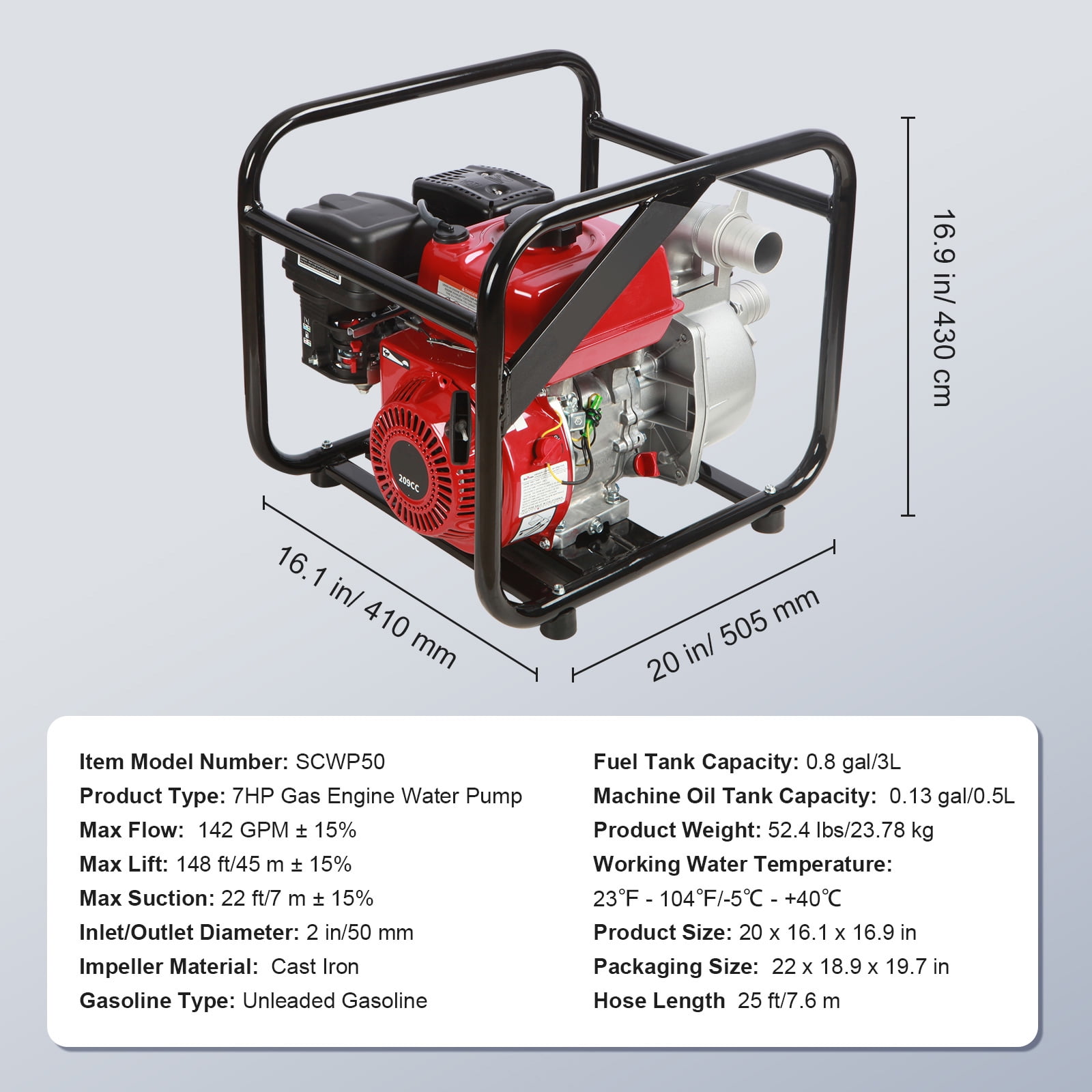 KFFKFF Gasoline-Powered Water Pump, 2-inch, 7HP, 142 GPM Flow Rate, 148ft Lift, 22ft Suction, 4-Stroke Engine for Efficient Water Transfer, Portable Design with 25ft Hose for Irrigation and Pool Use