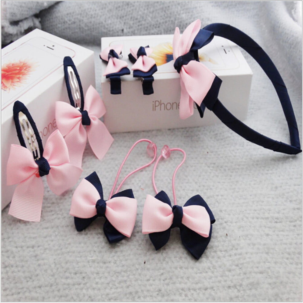 7pcs Korean Headwear Set Children Printing Dot Bow Hair Bands Headband Hair Clip 