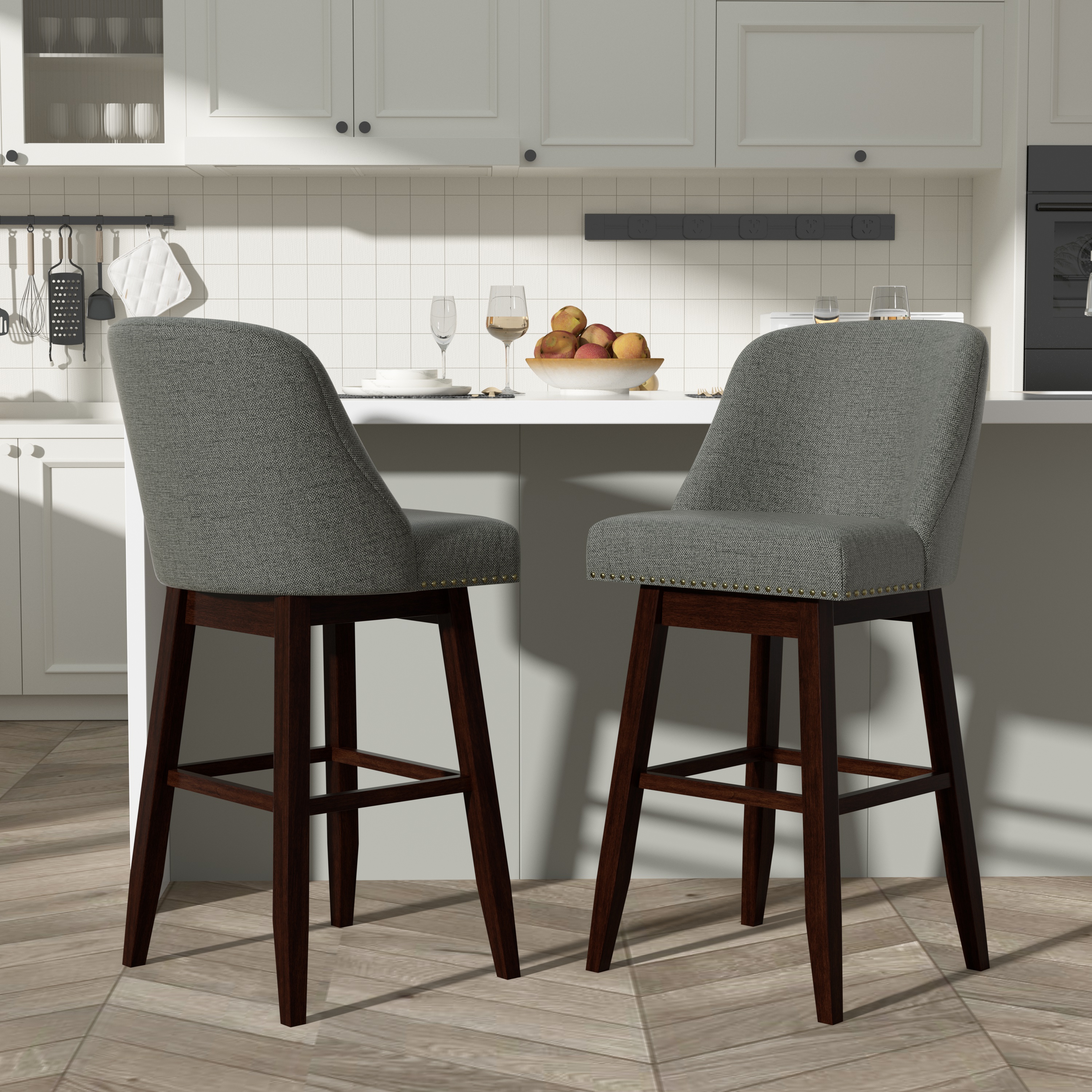 Tolead 30" Upholstered Swivel and Wood Legs Bar Stools - Set of 2, Gray