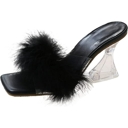 

Heels for Women Sexy Strappy Sandals Women Open Toe Ankle Strap Chunky Heel Shoes Fluffy Feather Slip On Ankle Strap Sandals