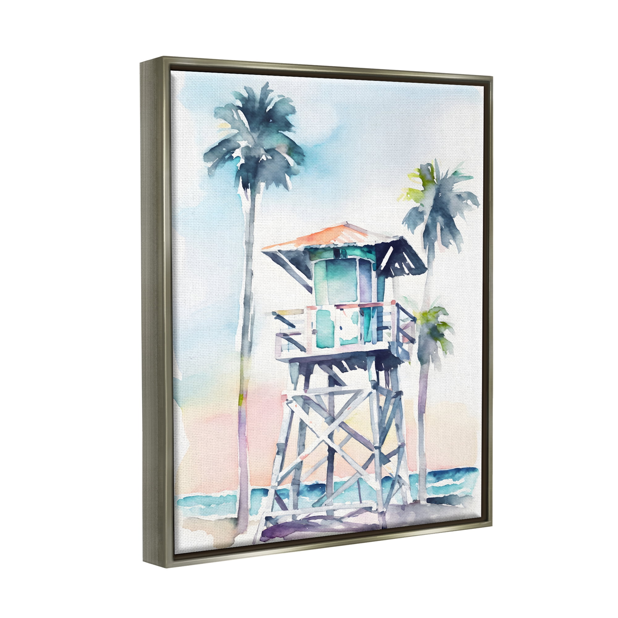 Stupell Industries Lifeguard Hut on Beach Landscape Painting Gray Floater Framed Canvas Art Print Wall Art, 17 x 21