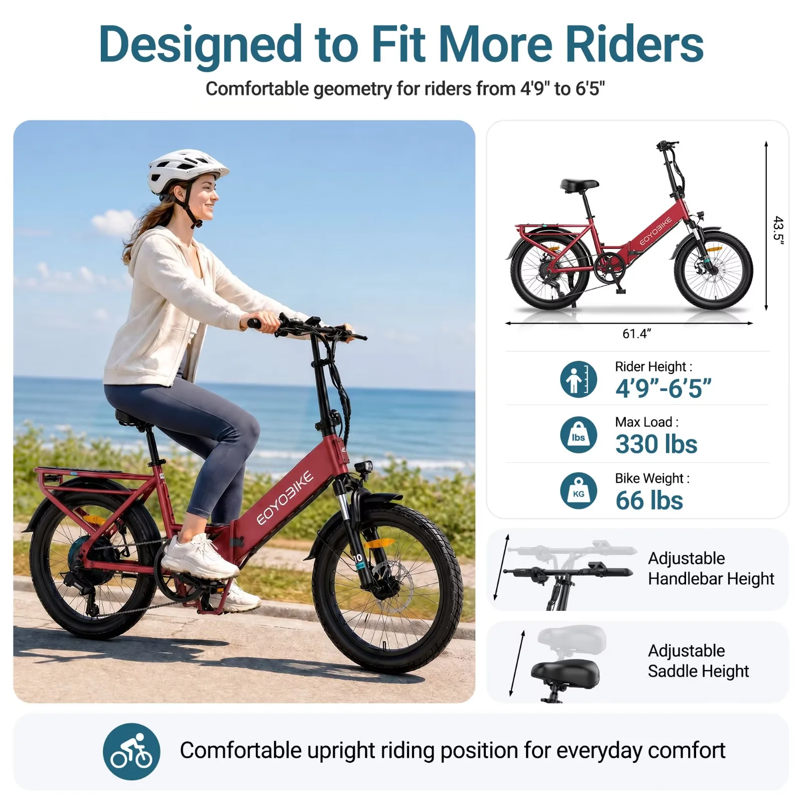 Lilypelle Folding Electric Bicycle for Adults, 20"×3.0 Fat Tire 7 Speed Step-Thru Electric Cargo Bicycle, 500Wh Built-in detachable battery, Peak 1000W Rear Motor，20MPH, Fits for 4'9" to 6'5"