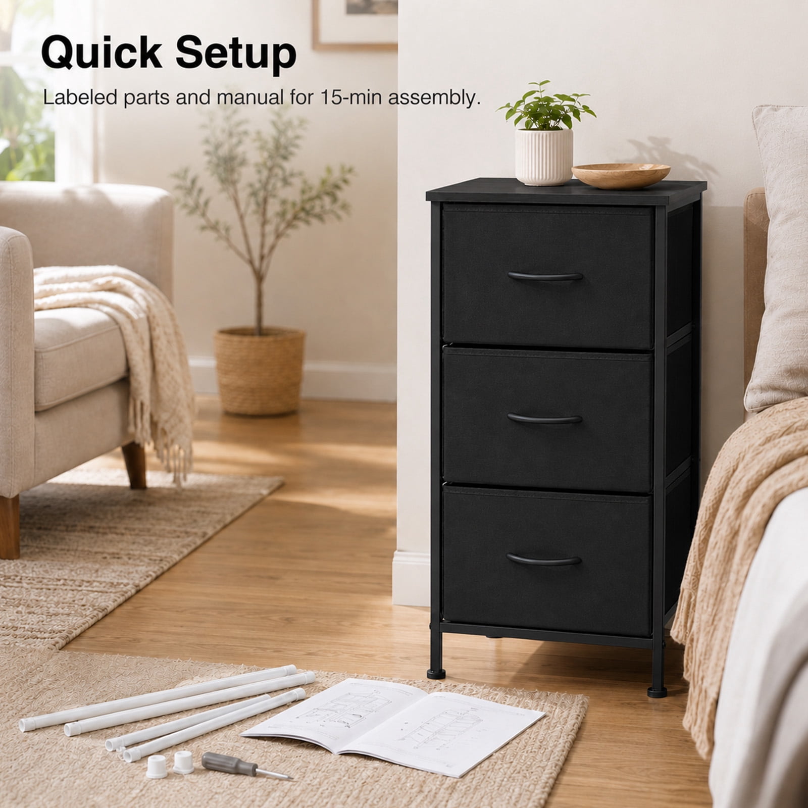 Alvantor 3-Tier Drawer Fabric Dresser, Roomy Fabric Drawers, Compact Nightstand, Bedroom or Closet Use, Chest Of Drawers, Dresser for Small Spaces