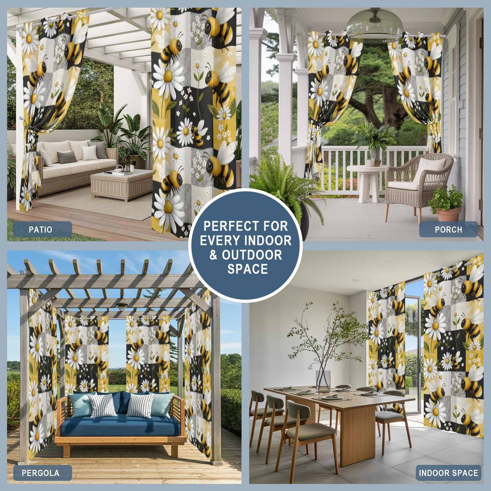 Bees Daisy Outdoor Curtains for Patio, Rustic Countryside Summer Grid Patchwork Sunshade Privacy Drapes Grommet Waterproof Outside Curtains for Porch/Cabana/Balcony 54"x 108", 1 Panel