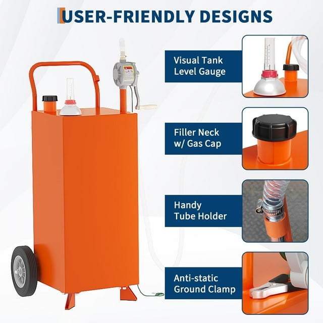 Royalbelle Panier à Carburant de 30 Gallons avec Roues et Pompe de Transfert Manuelle, Réservoir d'Essence Portable avec Pompe à Siphon Manuel Rotative Réversible, avec 2 Roues Roulantes en Caoutchouc Plein Sans Plat, Plus, Orange