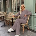 thumbnail image 6 of SUNBS Lounge Sets for Women Two Piece Sets Henley Neck Top Wide Leg Pants Vacation Fall Travel Outfits, 6 of 8
