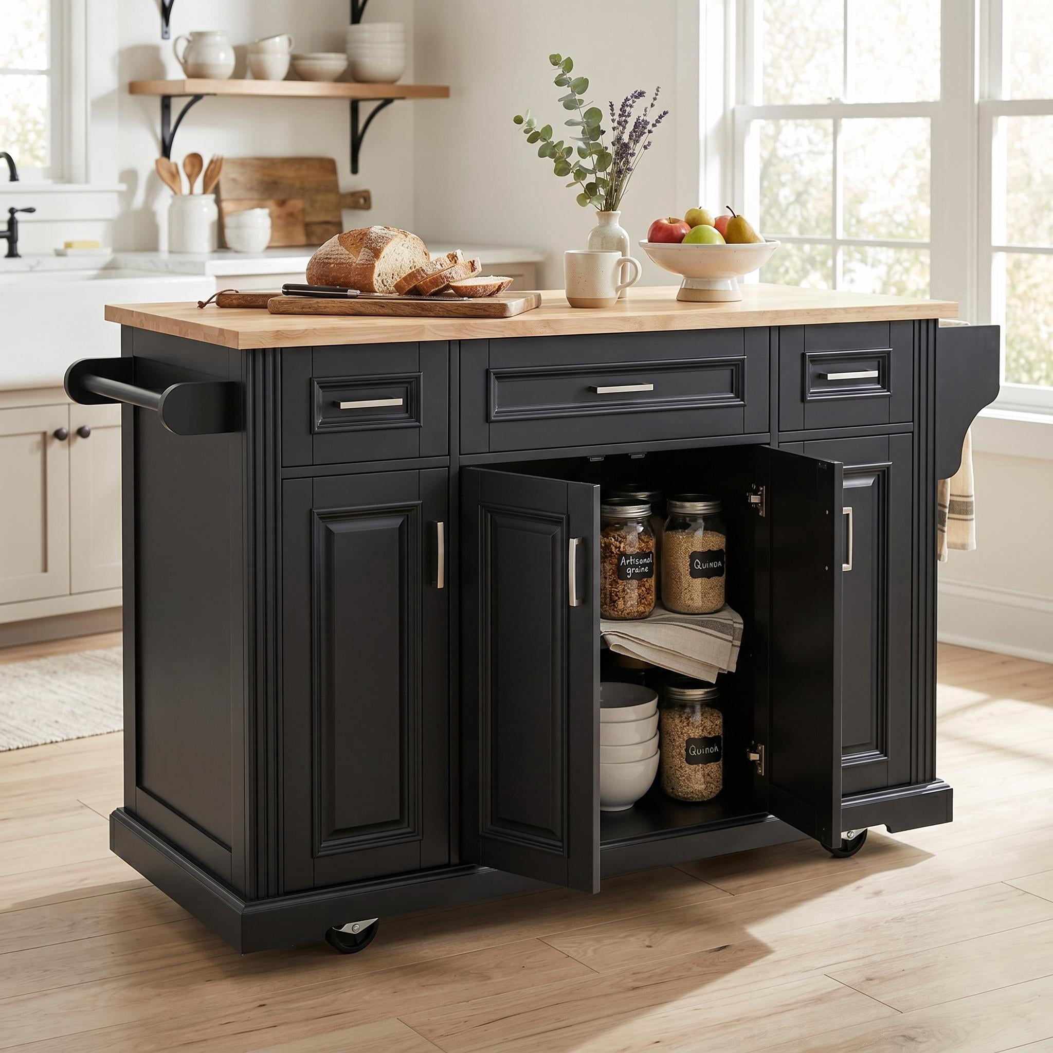 Homy Casa Rolling Kitchen Island Cart with 3 Drawers, 4-Door Storage Cabinet, Side Rack & Wheels, Black/Natural, for Kitchen, Dining Room, Coffee Bar