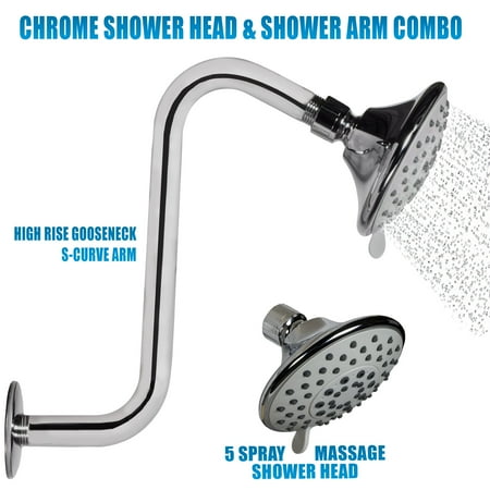 4” Luxury Spa 5 Function Massage Shower Head with High Rise Gooseneck S-Curve Arm