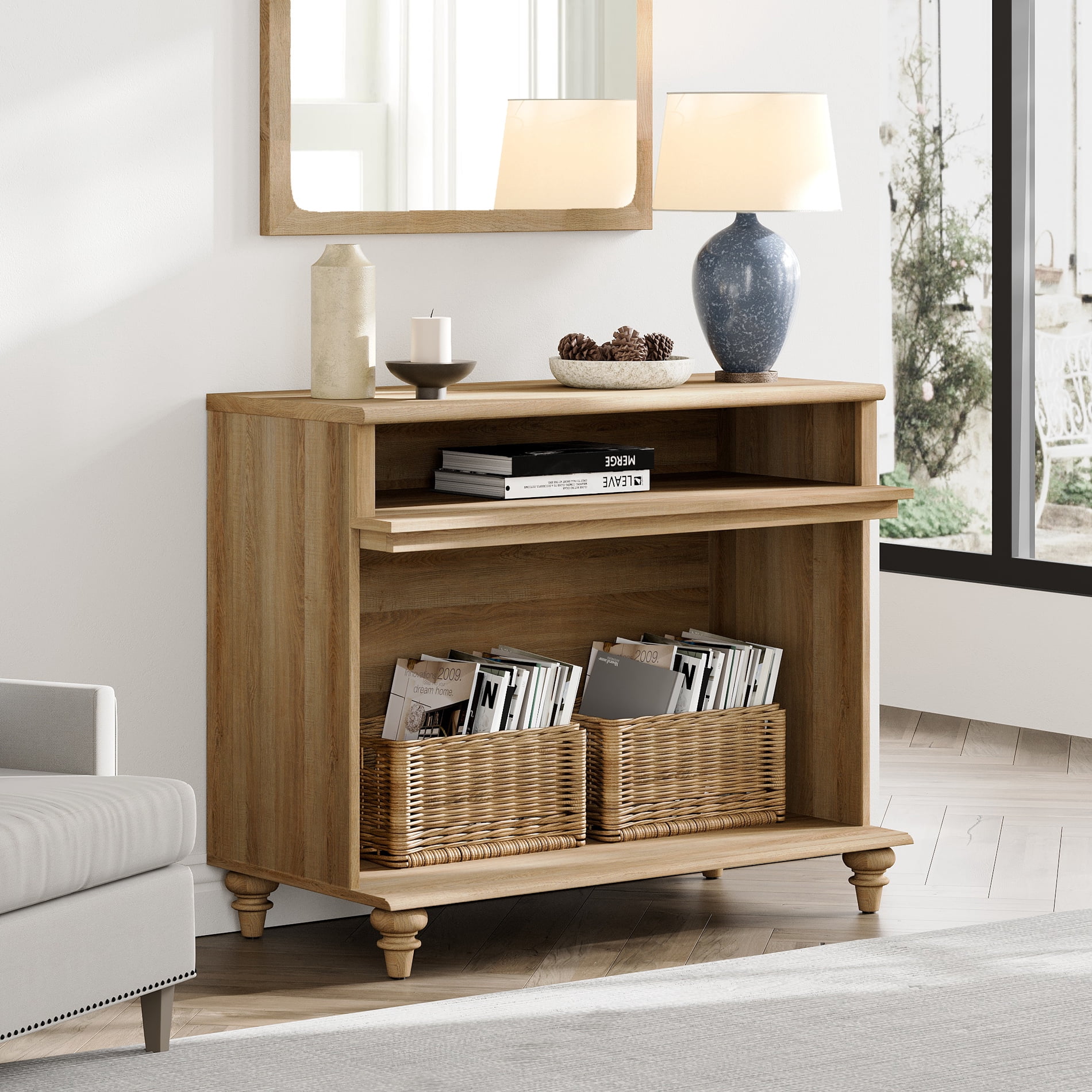 Tall Farmhouse Nightstand, Large Bedside Table Night Stand with Storage Shelf, Wide Sofa Side End Table for Living Room, Bedroom, Oak, 37"