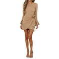 thumbnail image 2 of hirigin Women Spring Autumn Casual Dress Solid Color Round Neck Flare Long Sleeve Mini Dress Fashion Wild Side Tie Knot Dress, 2 of 9