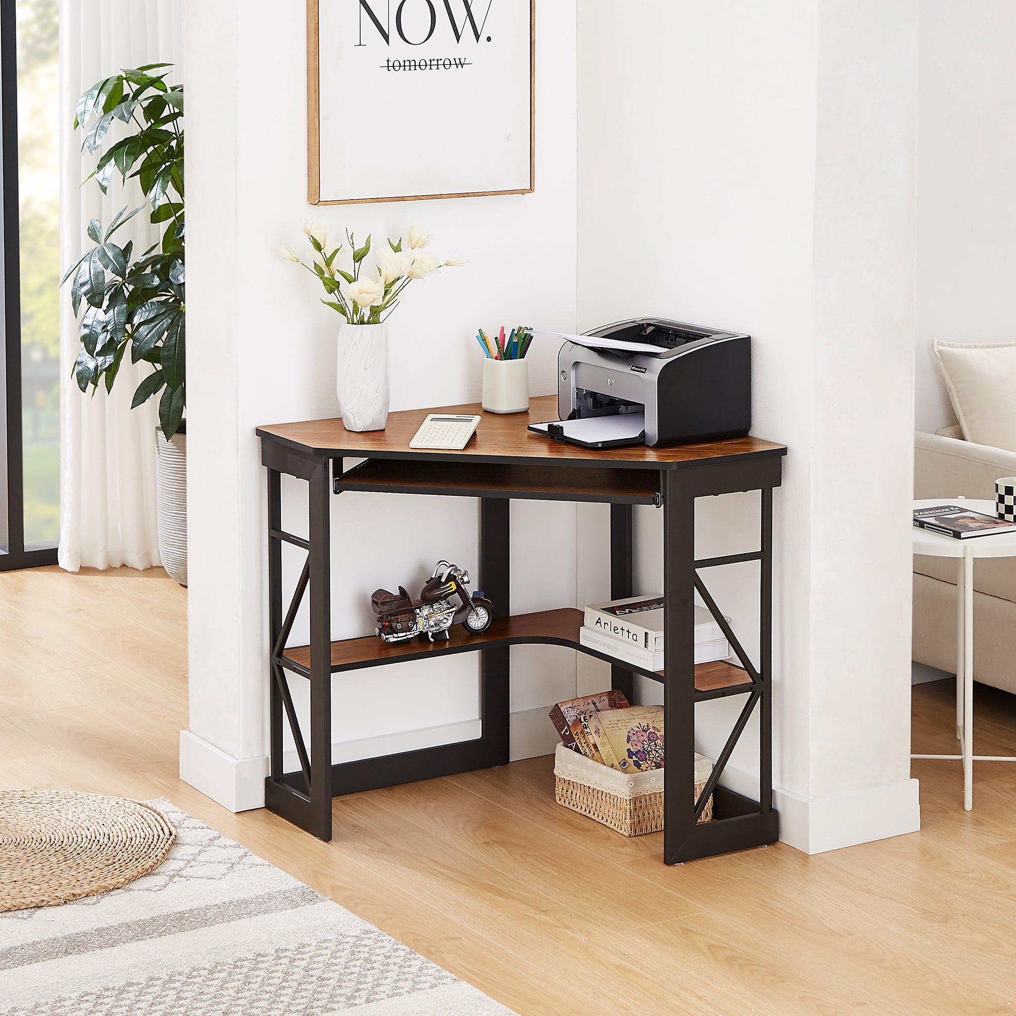 VECELO Desk with Keyboard Corner Computer Writing Shelves, Compact Home Office, Rustic Natural Brown