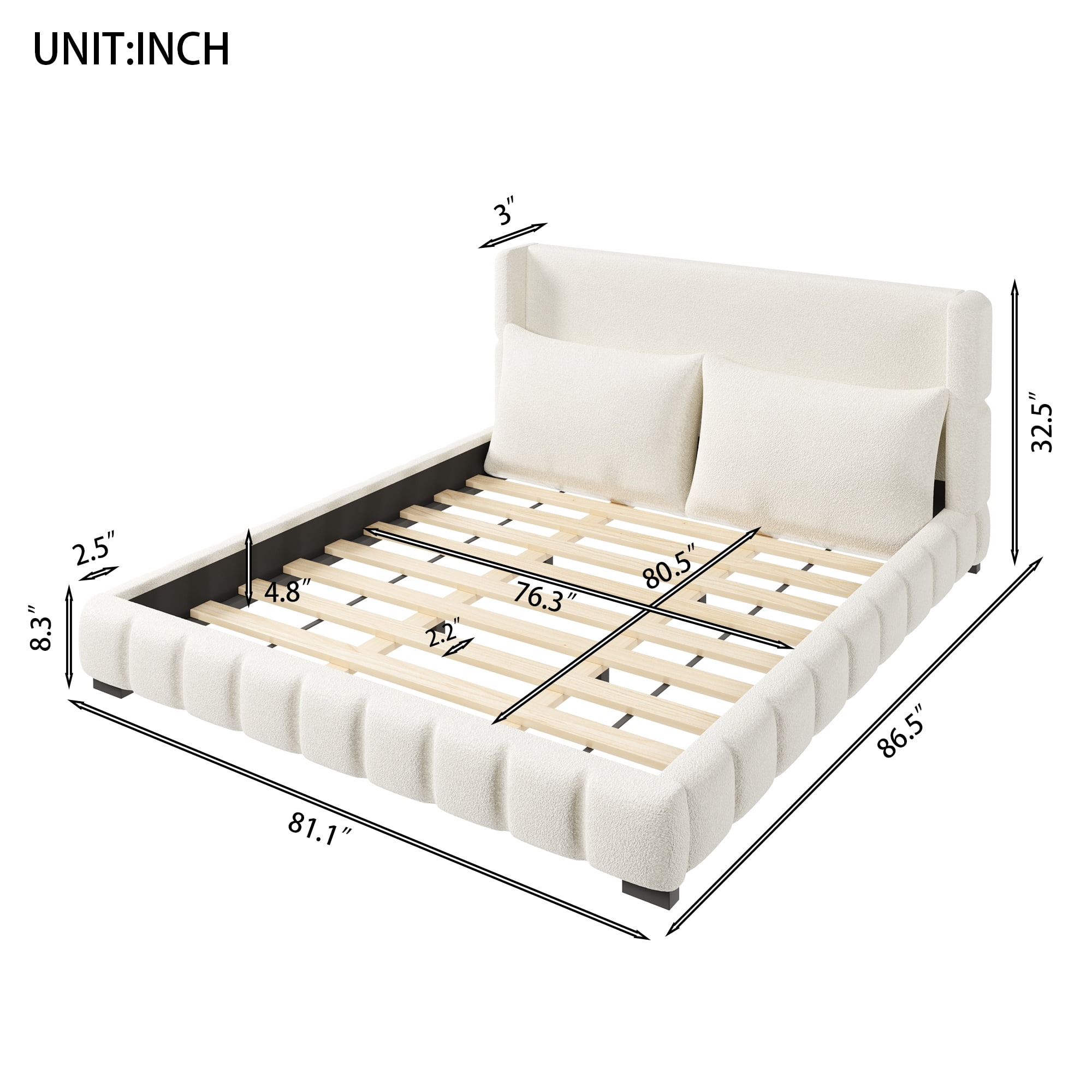 Euroco Velvet Upholstered King Size Platform Bed with Wingback Headboard and Pillows, White