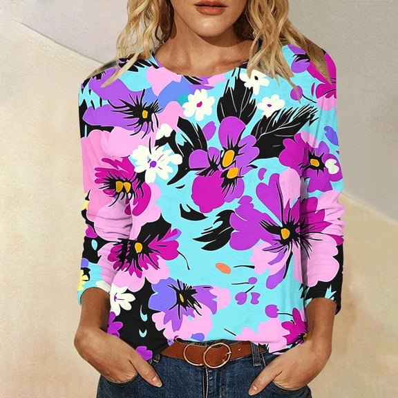 thefmos Women's Floral Print Pullover Top Casual Round Neck Long Sleeve Blouse Fashion Fall Spring Everyday Outfit, Purple 2XL