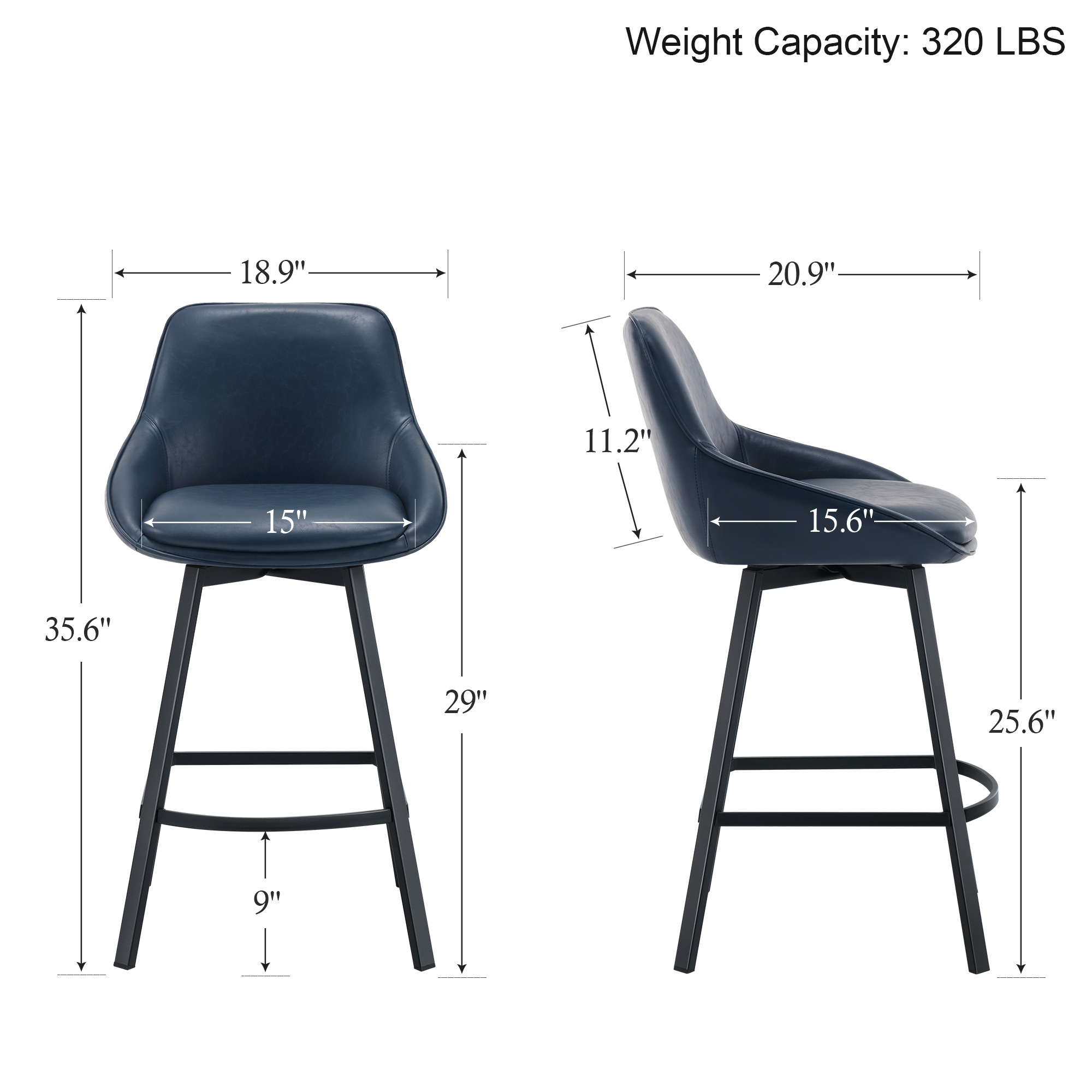 Zesthouse 25.6" Swivel Counter Height Bar Stools Set of 2, Modern Counter Height Chairs with Backs and Metal Legs, Upholstered Faux Leather Barstools for Kitchen Island, Blue
