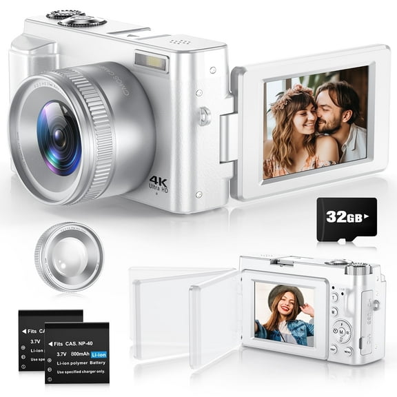 4K Vlogging Camera, 48MP Autofocus with UV Filter, Lens Kit, 32GB Memory Card, 180° Flip Screen, YouTube Camera for Beginners, Content Creation, White