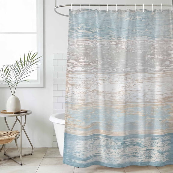 Blue Beige Farmhouse Shower Curtain, Waterproof Shower Curtains for Bathroom, Vintage Wooden Striped Washable Fabric Cloth Bathroom Curtain Set Bathtub Decor with Hook 72''x84''