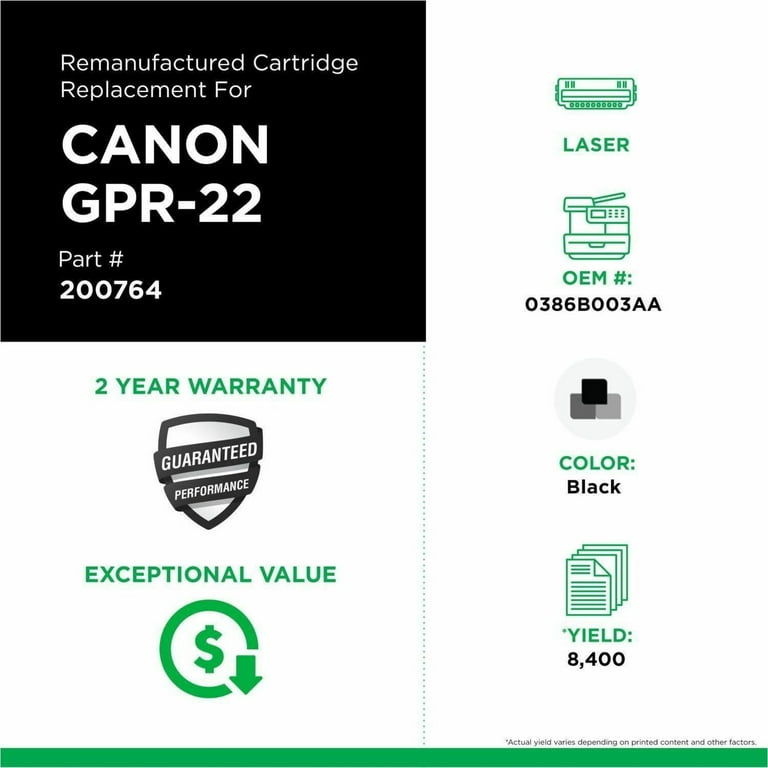 Remanufactured Black Toner, Replacement for GPR-22 (0386B003AA), 8,400 Page-Yield Remanufactured Black Toner, Replacement for GPR-22 (0386B003AA), 8,400 Page-Yield