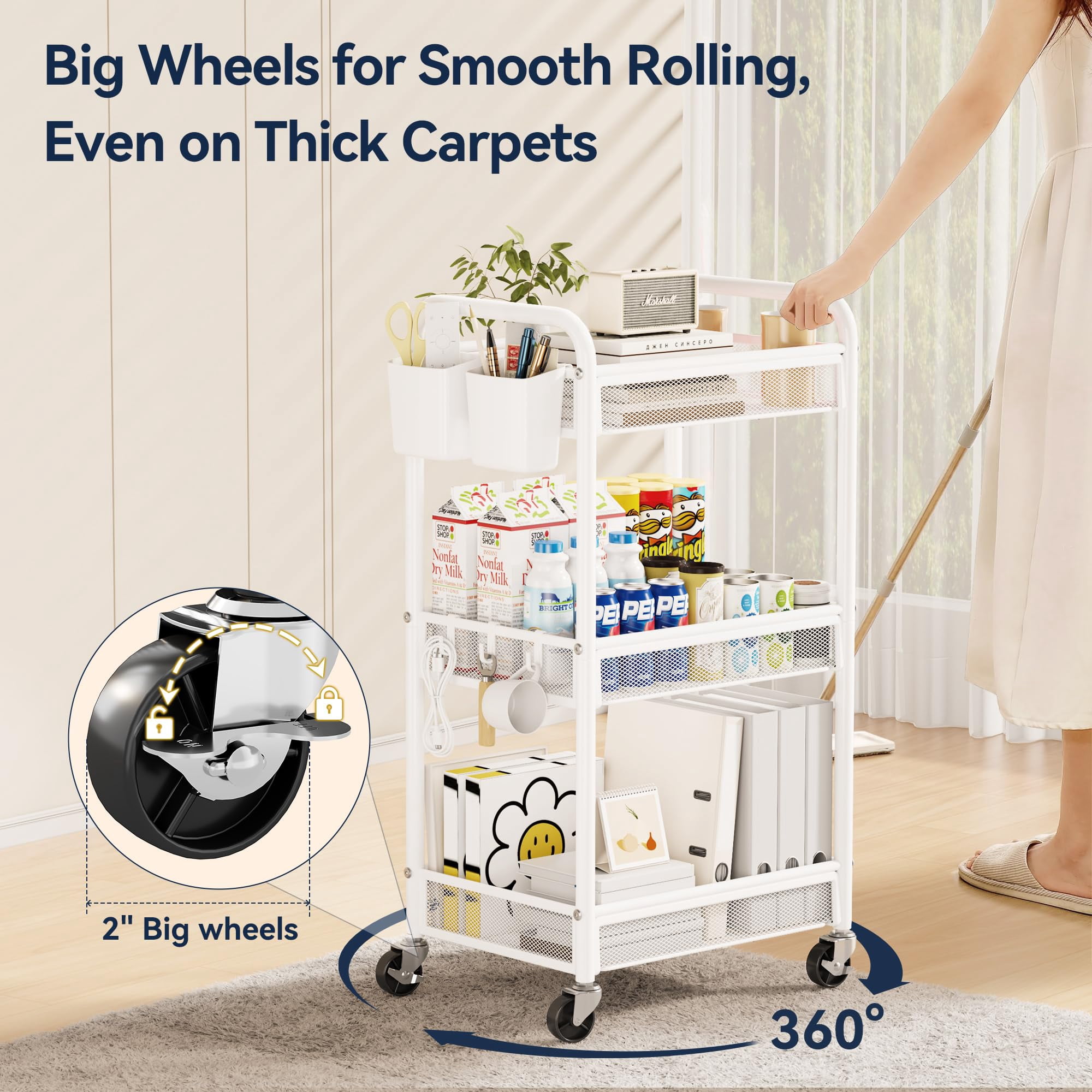 Black Metal Rolling Cart 3 Tier Utility Storage Organizer with Wheels Hanging Cups Hooks Mesh Basket for Bedside Kitchen Office
