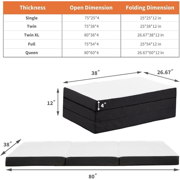 Folding Mattress TwinXL Size, 4 Inch Tri-fold Memory Foam Mattress Topper for Camping, Foldable Mattress Topper with Washable Cover, Foldable Guest Bed, Travel Mat