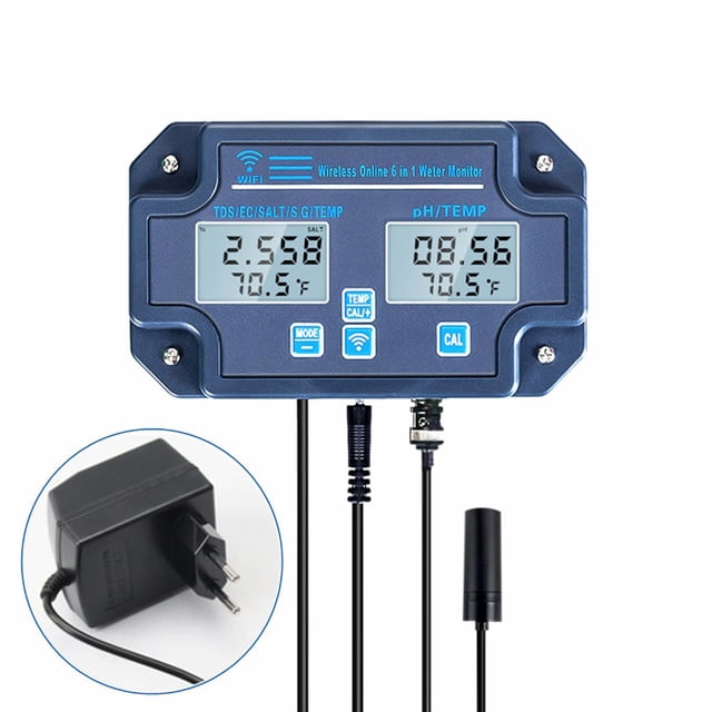 Scienceny Probador de agua con pantalla Digital 6 en 1, portátil, de amplio rango, para piscina, estanque, pecera, acuario, analizador de PH Medidores de medidas dimensionales Enchufe de la UE Scienceny TO009154-02B