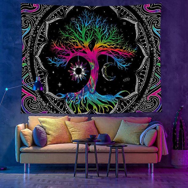 Tapiz psicodélico de lobo, póster de lobo, tapiz de lobo psicodélico para colgar en la pared, tapiz rústico de bosque de pinos con luna llena en cielo estrellado para dormitorio infantil.
