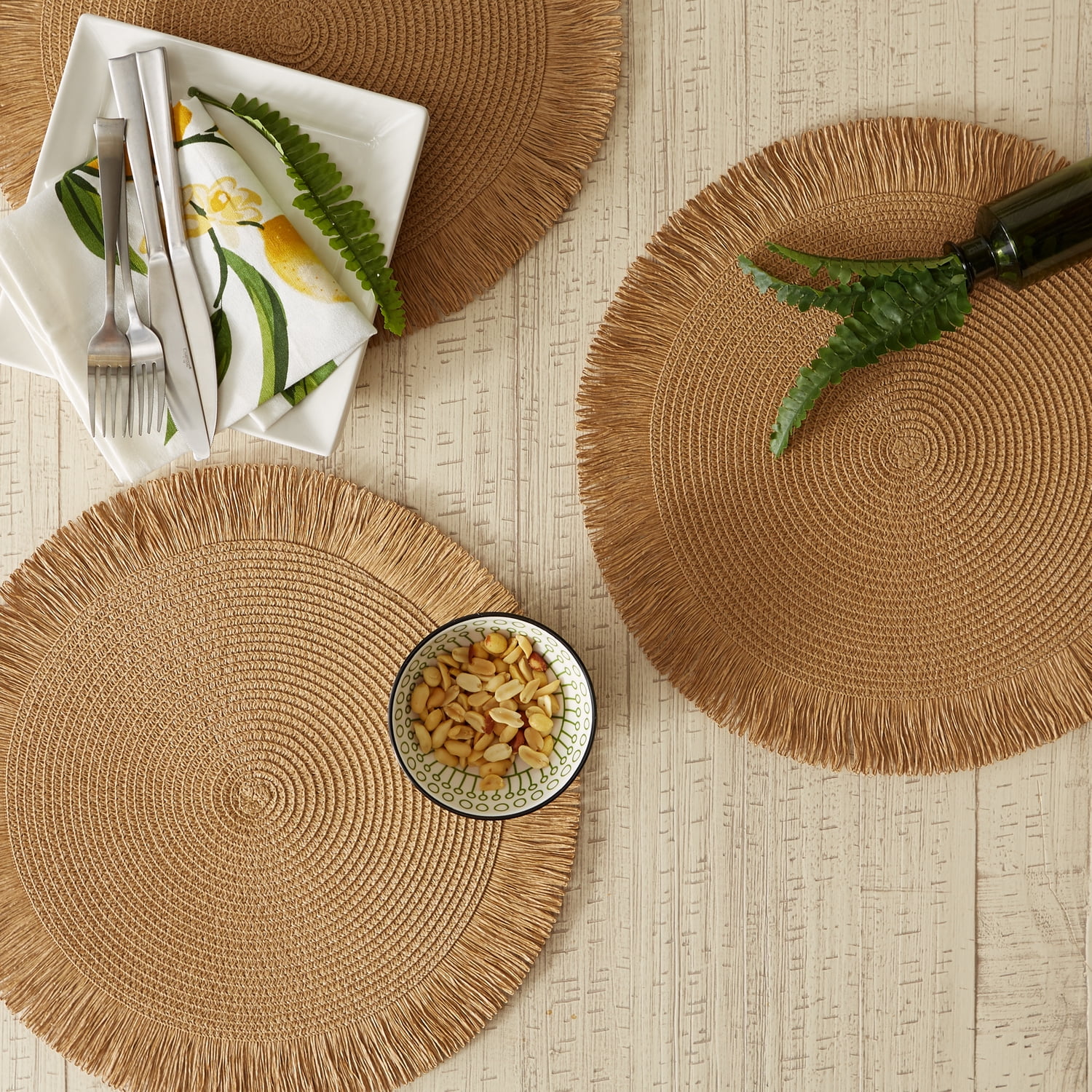 Contemporary Home Living Woven Fringed Round Placemats - 15" - Hazelnut Brown - Set of 6