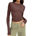 thumbnail image 1 of Fvwitlyh T-Shirt Femme Ajusté Manches Longues Col Rond Crop Top T-Shirt Basique Uni Ajusté Crop Top Entraînement Yoga Marron,P, 1 of 5