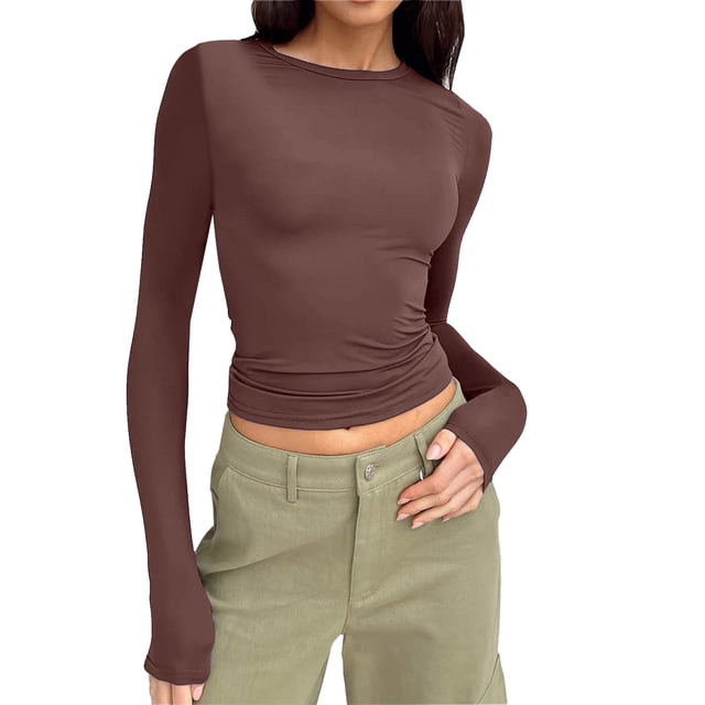 Fvwitlyh T-Shirt Femme Ajusté Manches Longues Col Rond Crop Top T-Shirt Basique Uni Ajusté Crop Top Entraînement Yoga Marron,P