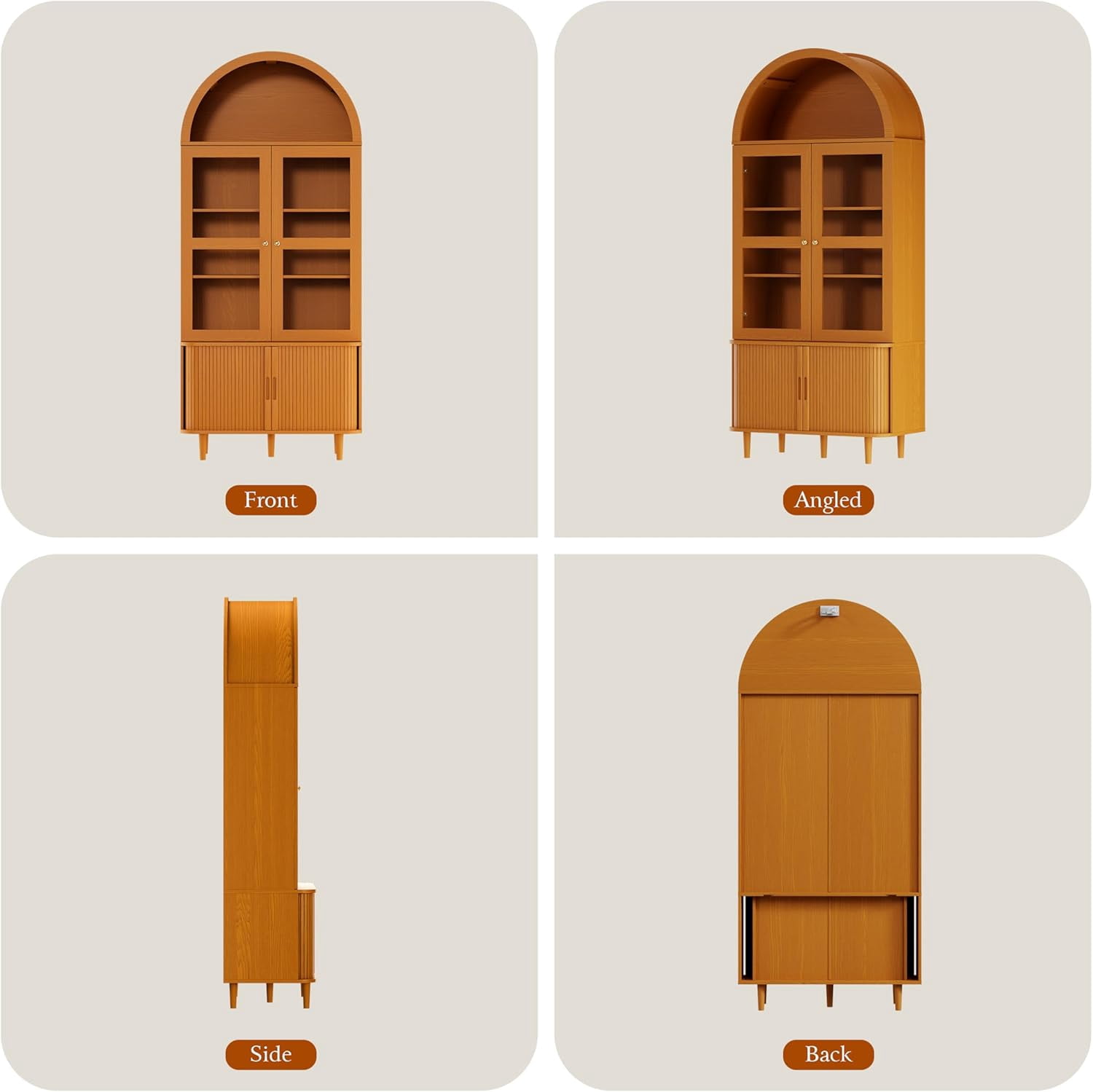 71" Arched Cabinet with Glass Doors, Fluted Tall Pantry with Sliding Doors＆ Adjustable Shelves, Modern Accent Cabinet for Living Room, Kitchen, Dining Room, Yellow Walnut