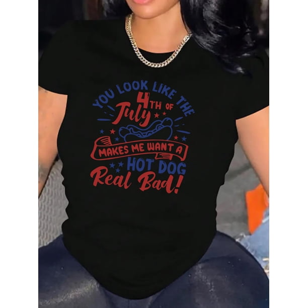 Women's Casual Hot Dog Graphic Tee - Comfy Crew Neck Short Sleeve T-Shirt, Perfect for Summer & Sports, English Hot Dog, Pattern Print, Women's Fashion, Casual, Summer Top