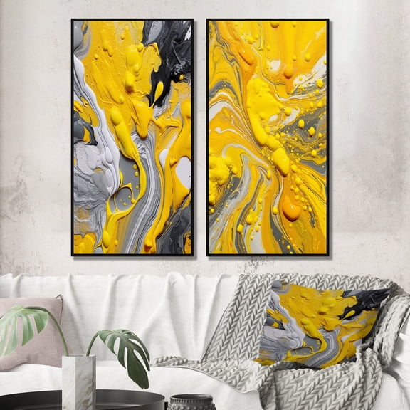 Designart "Cosmic Vibrations in Yellow and Grey II" Abstract Framed Wall Art Set Of 2 - Yellow Abstract Framed Canvas Set For Living Room Decor