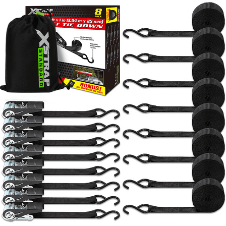 XSTRAP STANDARD Ratchet Tie Down Straps - 8PK - 1'' x 10 ft - 900 LB Break Strength Cargo Straps for Moving Appliances, Lawn Equipment, Motorcycle Black