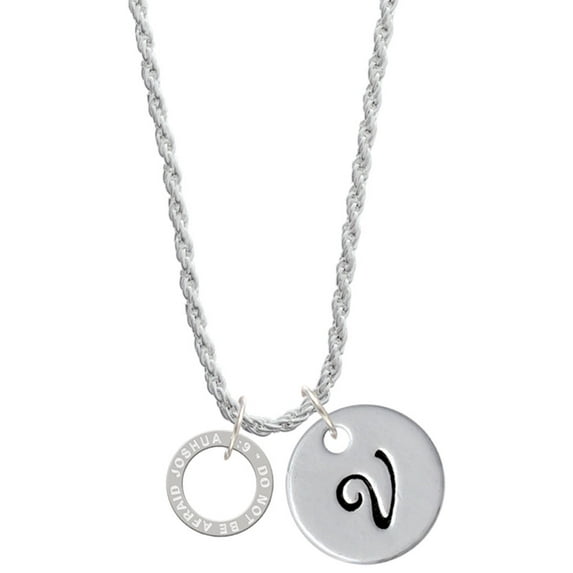 Delight Jewelry Silvertone Joshua 1:9 Eternity Ring Silvertone Script Initial Disc - V - Charm Necklace, 20"+3"