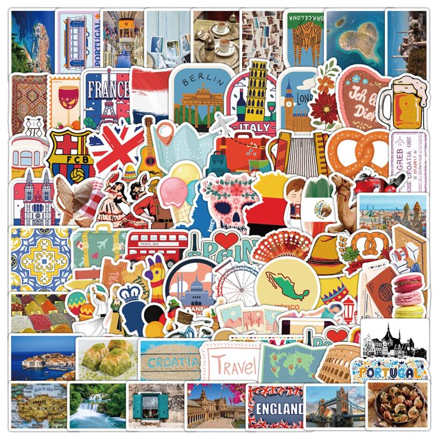 Pegatinas de vinilo con lugares pintorescos famosos del mundo, impermeables, 100 unidades