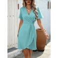 thumbnail image 5 of Womens Summer Short Sleeve Casual Dresses V Neck Vacation Sundress Faux Wrap Midi Dress Cyan XL, 5 of 9