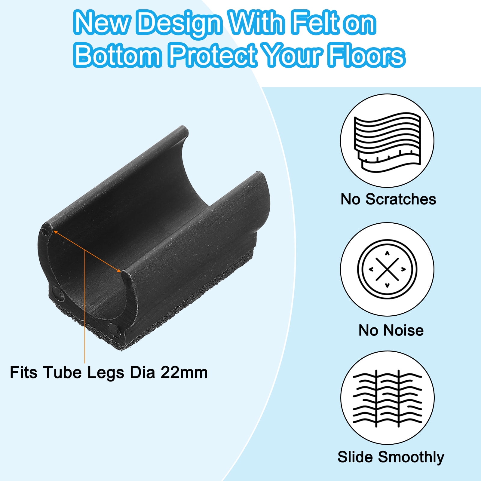Rectangle U Shaped Chair Leg Tips Cap with Felt Pad, Furniture Feet floor Fit Dia 22 mm Leg, Black 50 Pack