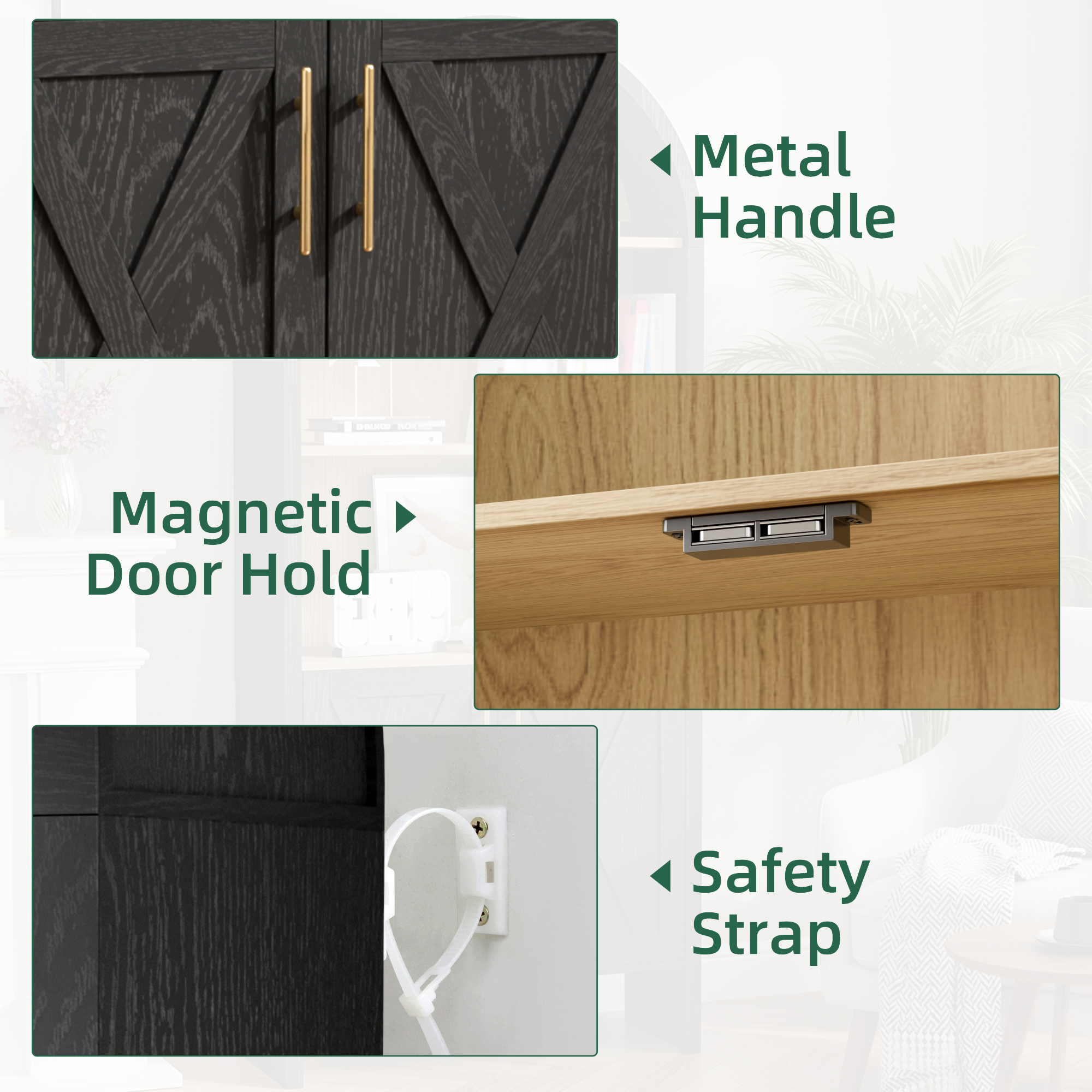 MAYEERTY Arched Accent Cabinet with Cross Panel Doors, Elegant Display for Living Room & Entryway, 60" Black Beech