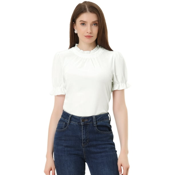Camisa con cuello de volantes para mujer Blusa de terciopelo de manga corta blanco M