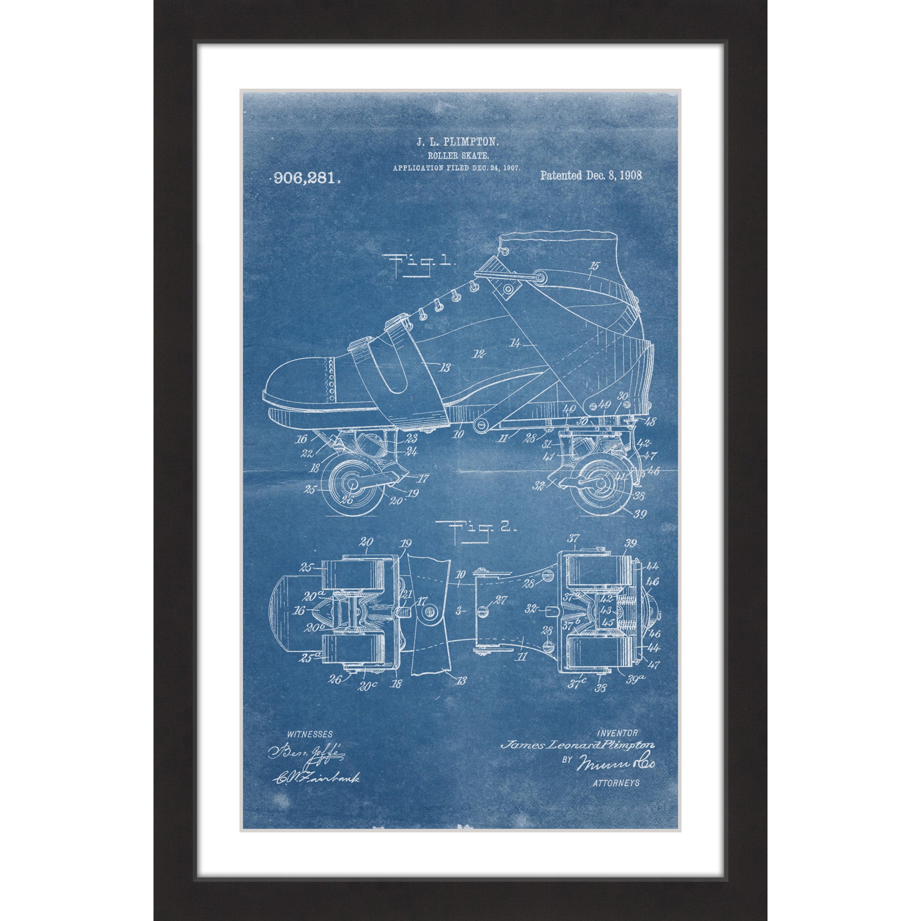 "Roller Skate 1908 Blueprint" Framed Painting Print